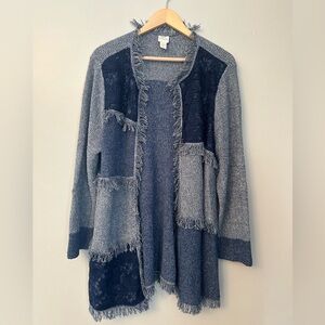 Chicos Women’s Frayed Patchwork Open Cardigan in Denim Blue hippie boho size 4